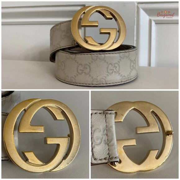 Authentic Gucci Cream Guccissima Leather Gold Interlocking G Buckle Belt 80/32 - Picture 2 of 13